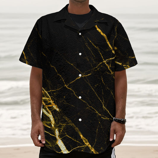 Black Gold Scratch Marble Print Textured Short Sleeve Shirt