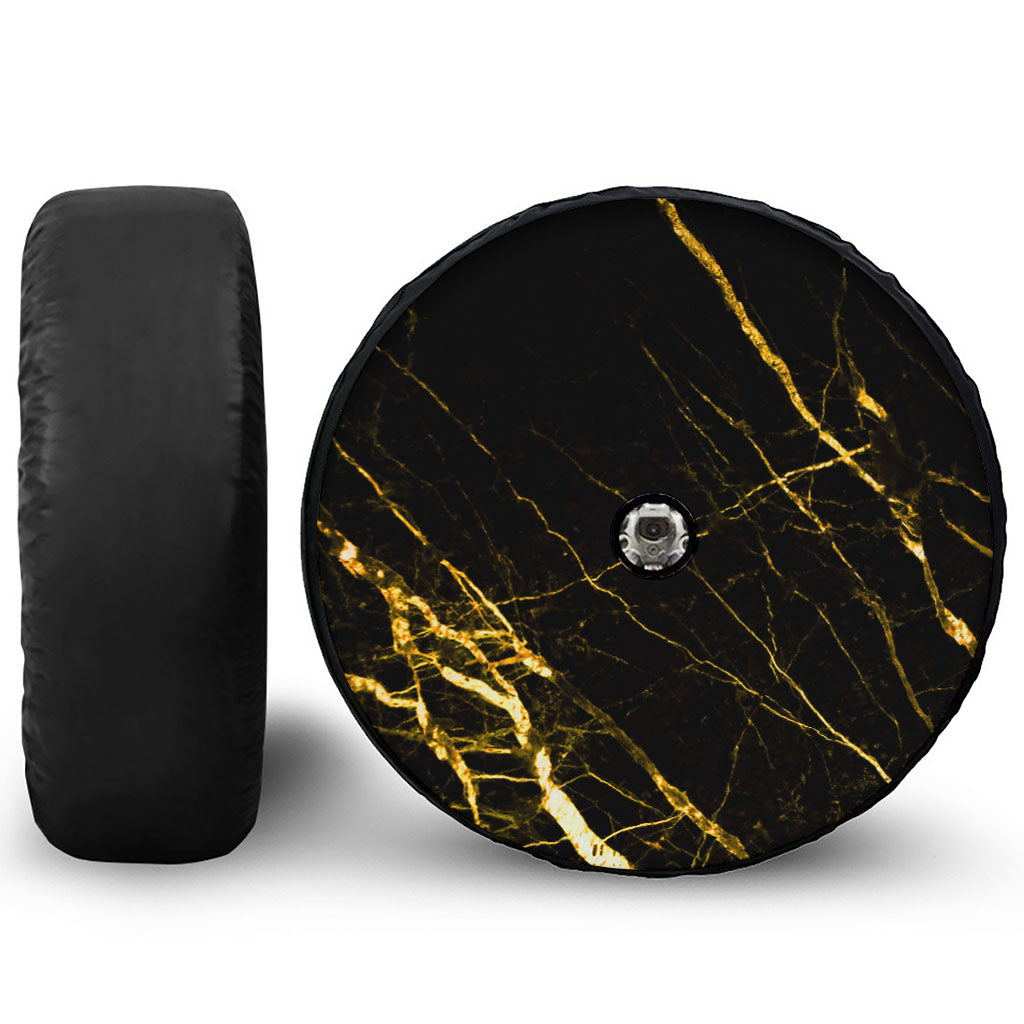 Black Gold Scratch Marble Print Tire Cover With Camera Hole