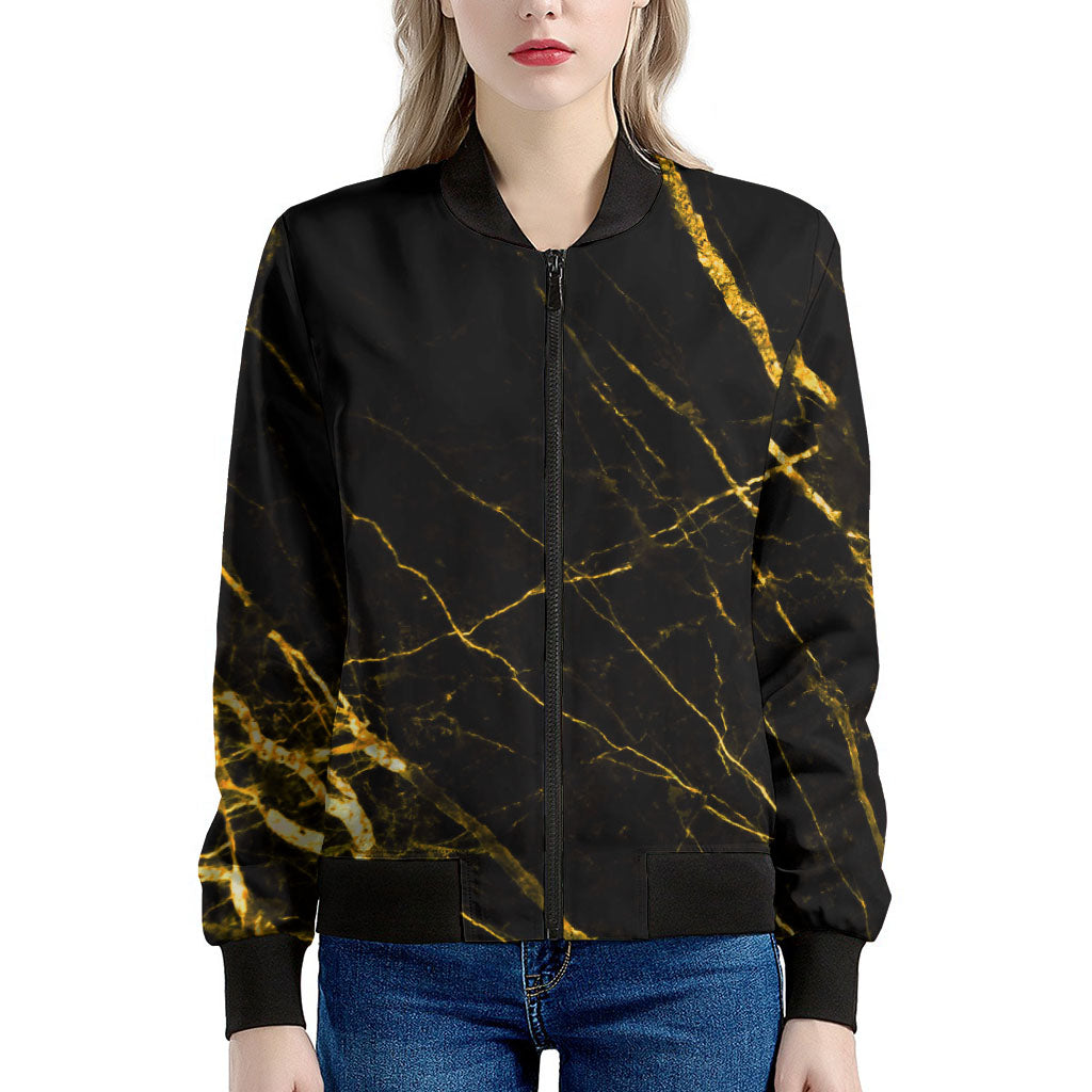 Black Gold Scratch Marble Print Women's Bomber Jacket