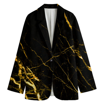 Black Gold Scratch Marble Print Women's Cotton Blazer