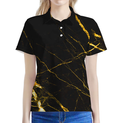 Black Gold Scratch Marble Print Women's Polo Shirt