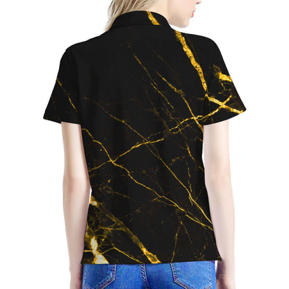 Black Gold Scratch Marble Print Women's Polo Shirt