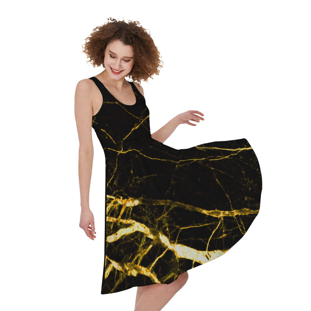 Black Gold Scratch Marble Print Women's Sleeveless Dress