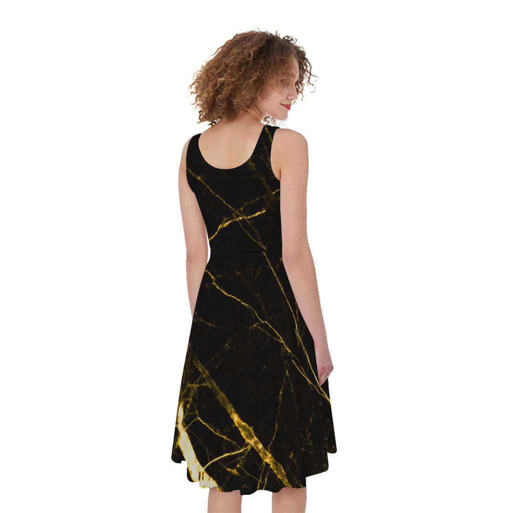 Black Gold Scratch Marble Print Women's Sleeveless Dress