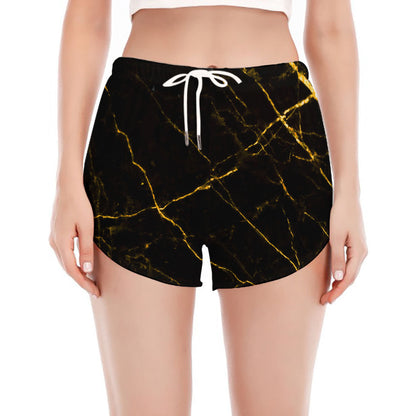 Black Gold Scratch Marble Print Women's Split Running Shorts