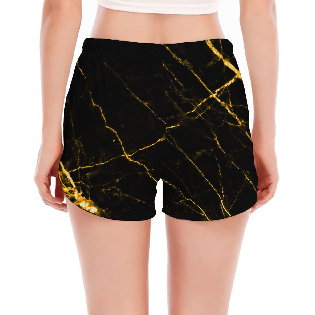 Black Gold Scratch Marble Print Women's Split Running Shorts