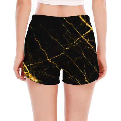 Black Gold Scratch Marble Print Women's Split Running Shorts