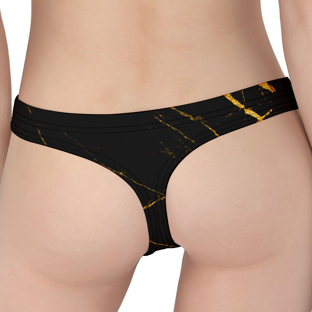 Black Gold Scratch Marble Print Women's Thong