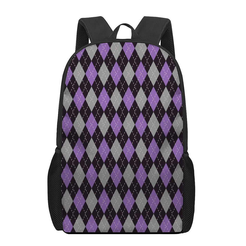Black Grey And Purple Argyle Print 17 Inch Backpack