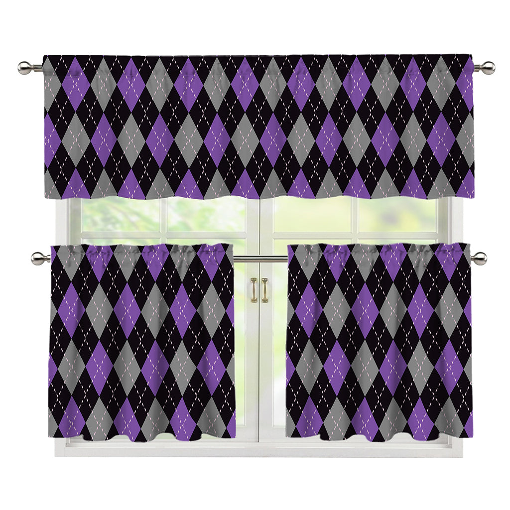 Black Grey And Purple Argyle Print 3 Piece Kitchen Curtains