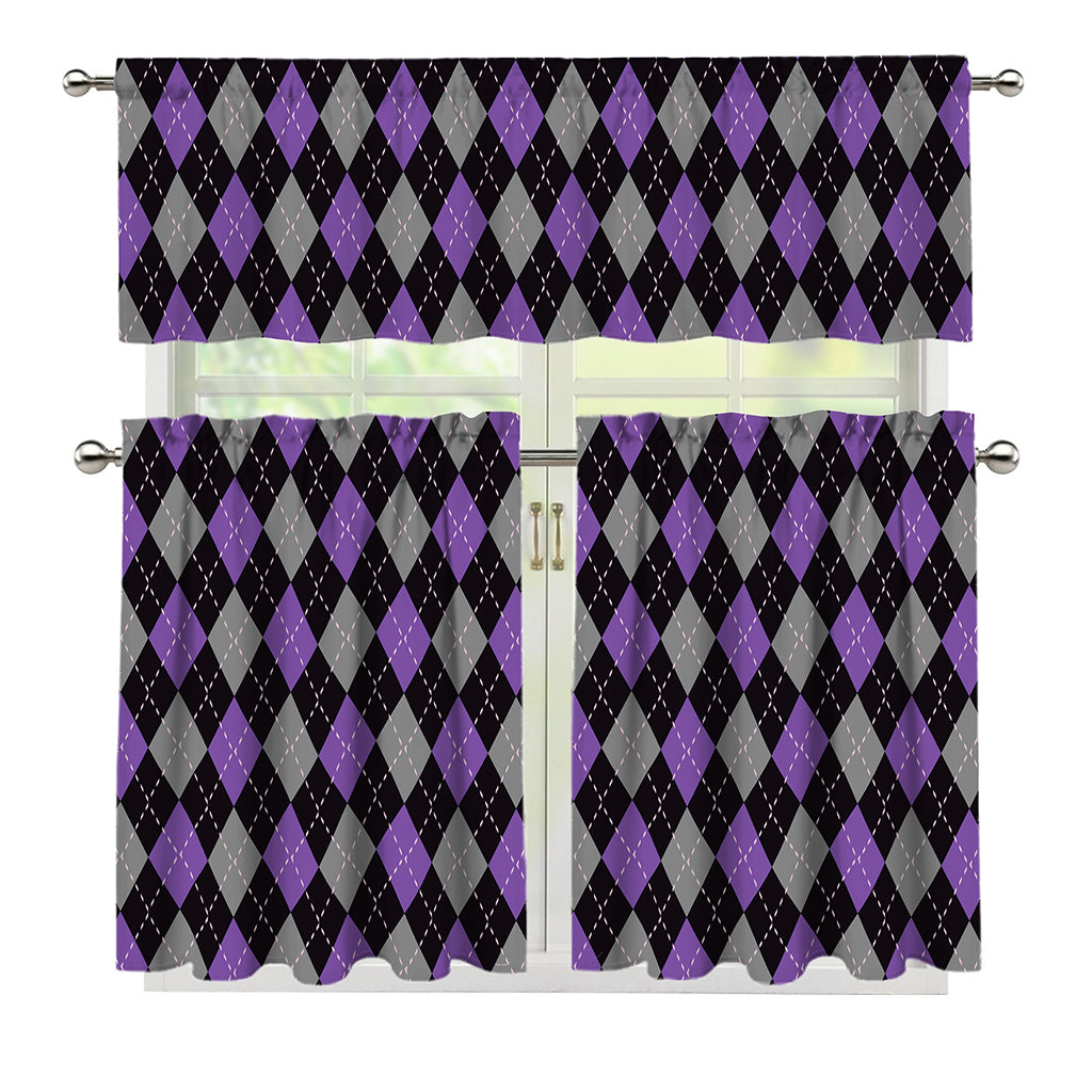 Black Grey And Purple Argyle Print 3 Piece Kitchen Curtains