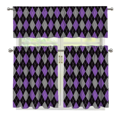 Black Grey And Purple Argyle Print 3 Piece Kitchen Curtains
