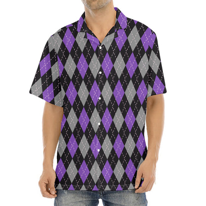 Black Grey And Purple Argyle Print Aloha Shirt