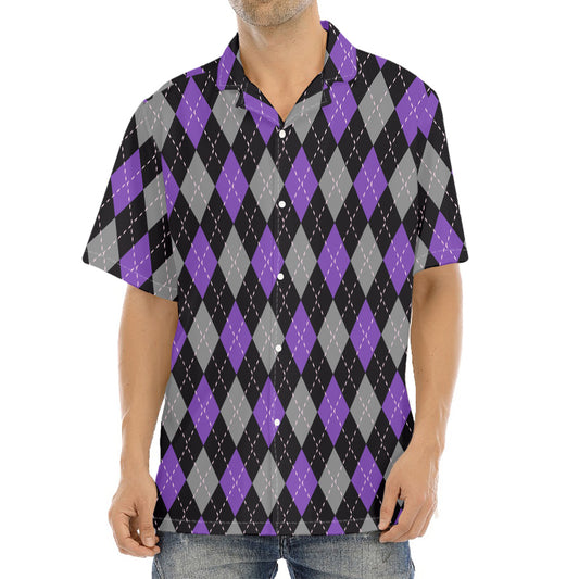 Black Grey And Purple Argyle Print Aloha Shirt