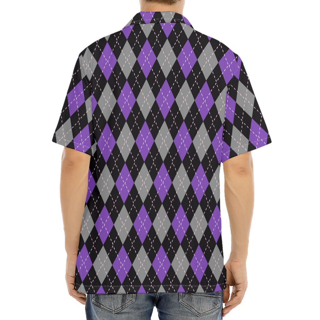 Black Grey And Purple Argyle Print Aloha Shirt
