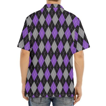 Black Grey And Purple Argyle Print Aloha Shirt