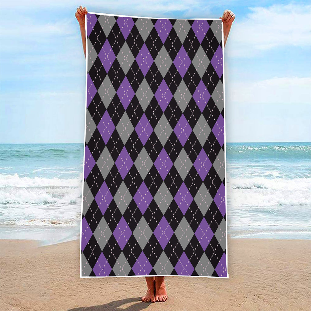 Black Grey And Purple Argyle Print Beach Towel