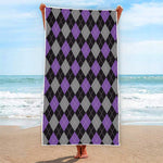 Black Grey And Purple Argyle Print Beach Towel