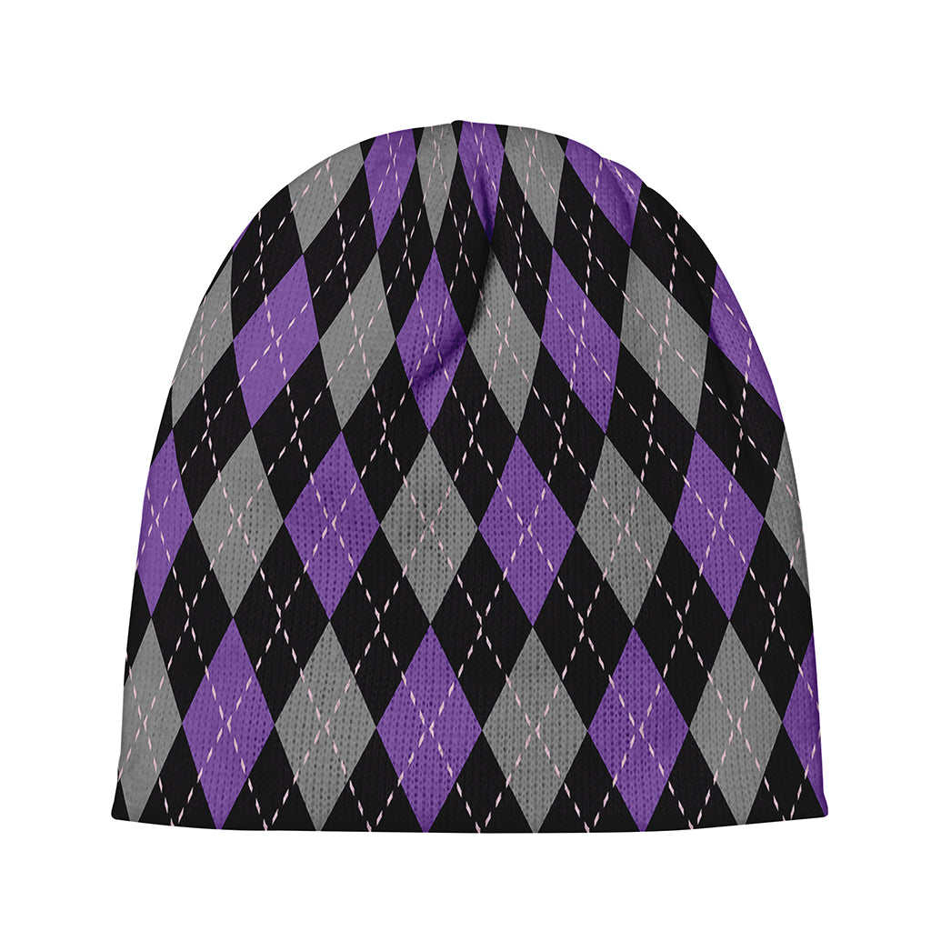 Black Grey And Purple Argyle Print Beanie