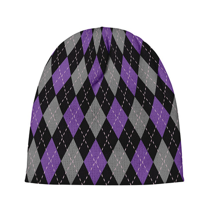 Black Grey And Purple Argyle Print Beanie