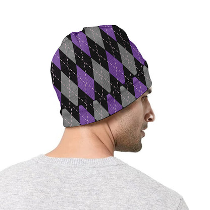 Black Grey And Purple Argyle Print Beanie