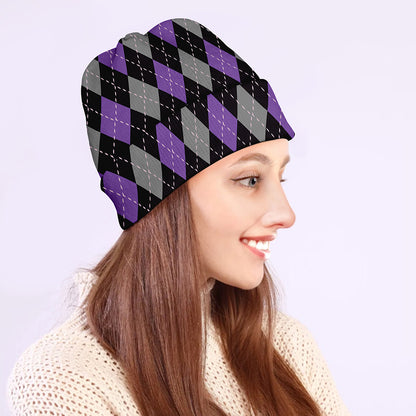 Black Grey And Purple Argyle Print Beanie