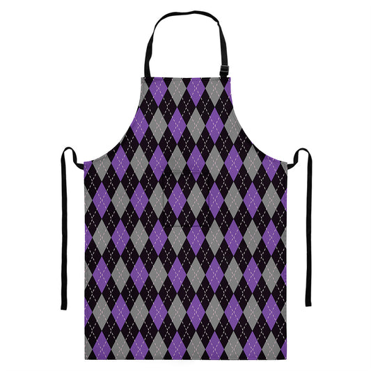 Black Grey And Purple Argyle Print Bib Apron With Pocket