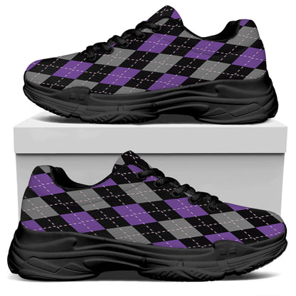 Black Grey And Purple Argyle Print Black Chunky Shoes