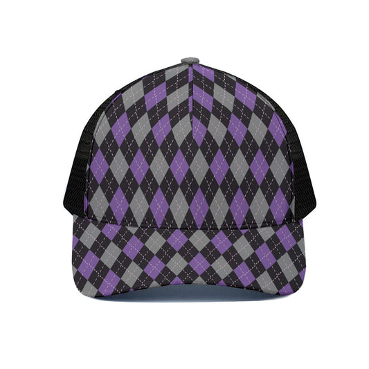 Black Grey And Purple Argyle Print Black Mesh Trucker Cap