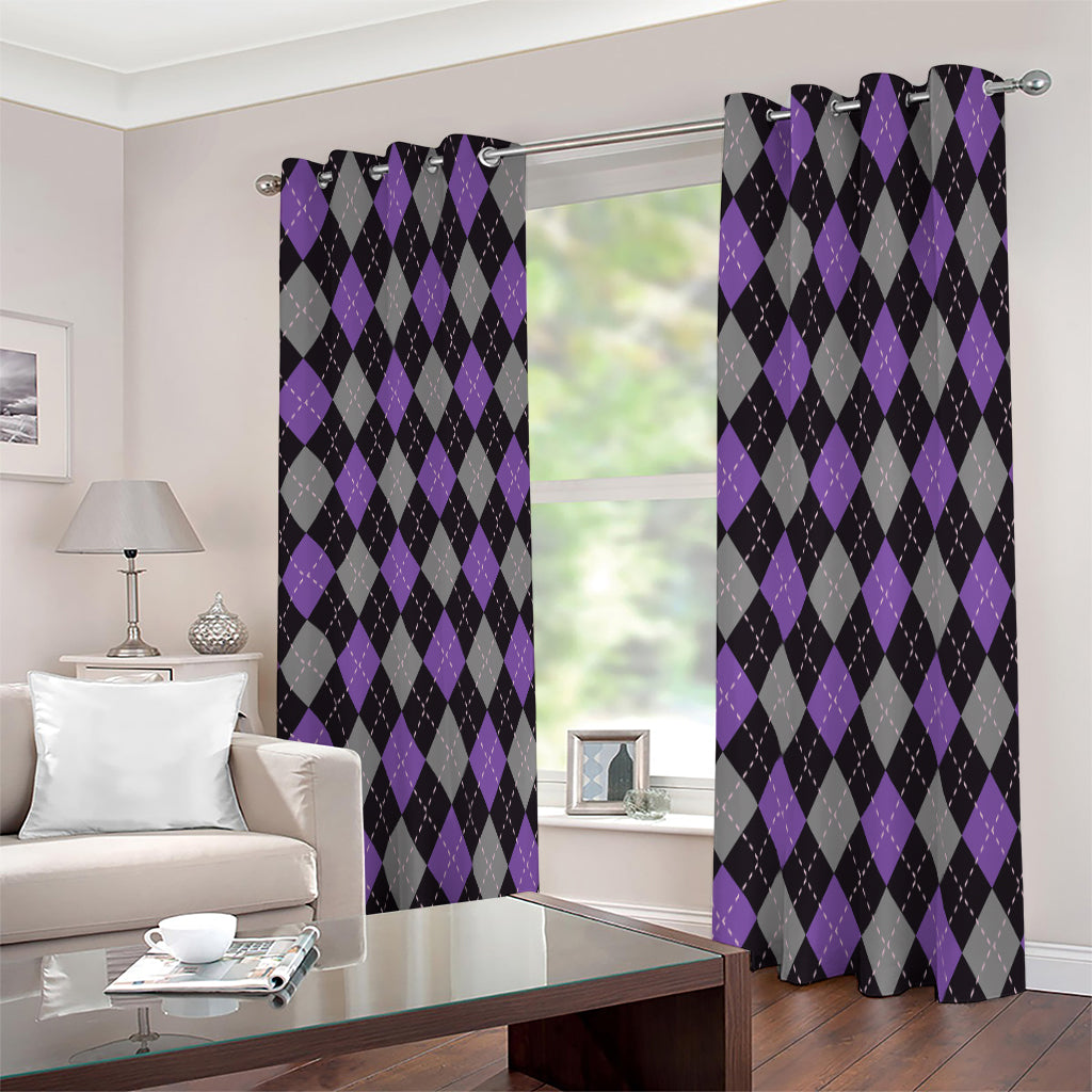 Black Grey And Purple Argyle Print Blackout Grommet Curtains