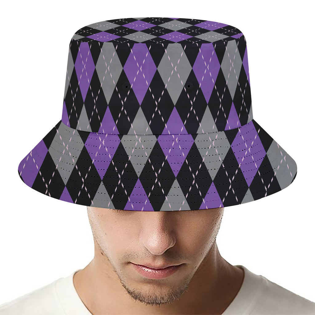 Black Grey And Purple Argyle Print Bucket Hat
