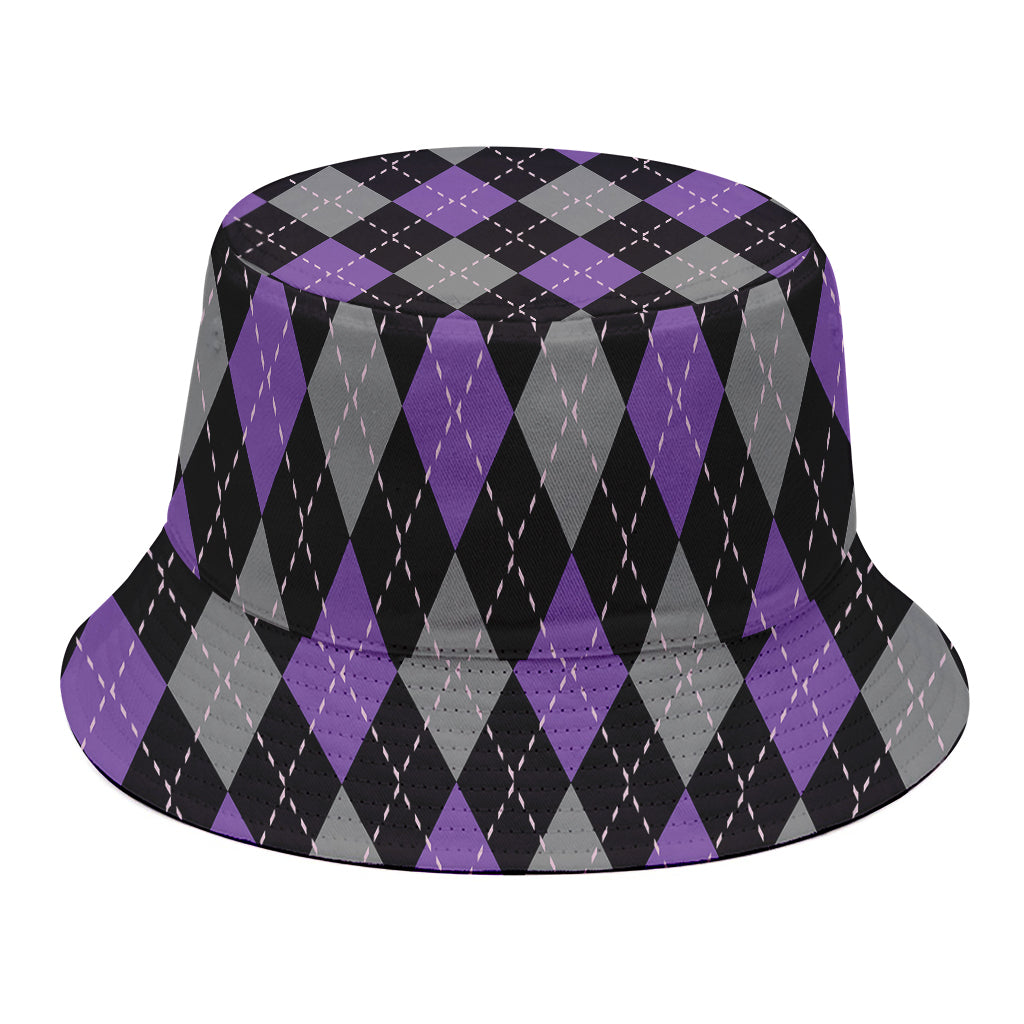Black Grey And Purple Argyle Print Bucket Hat