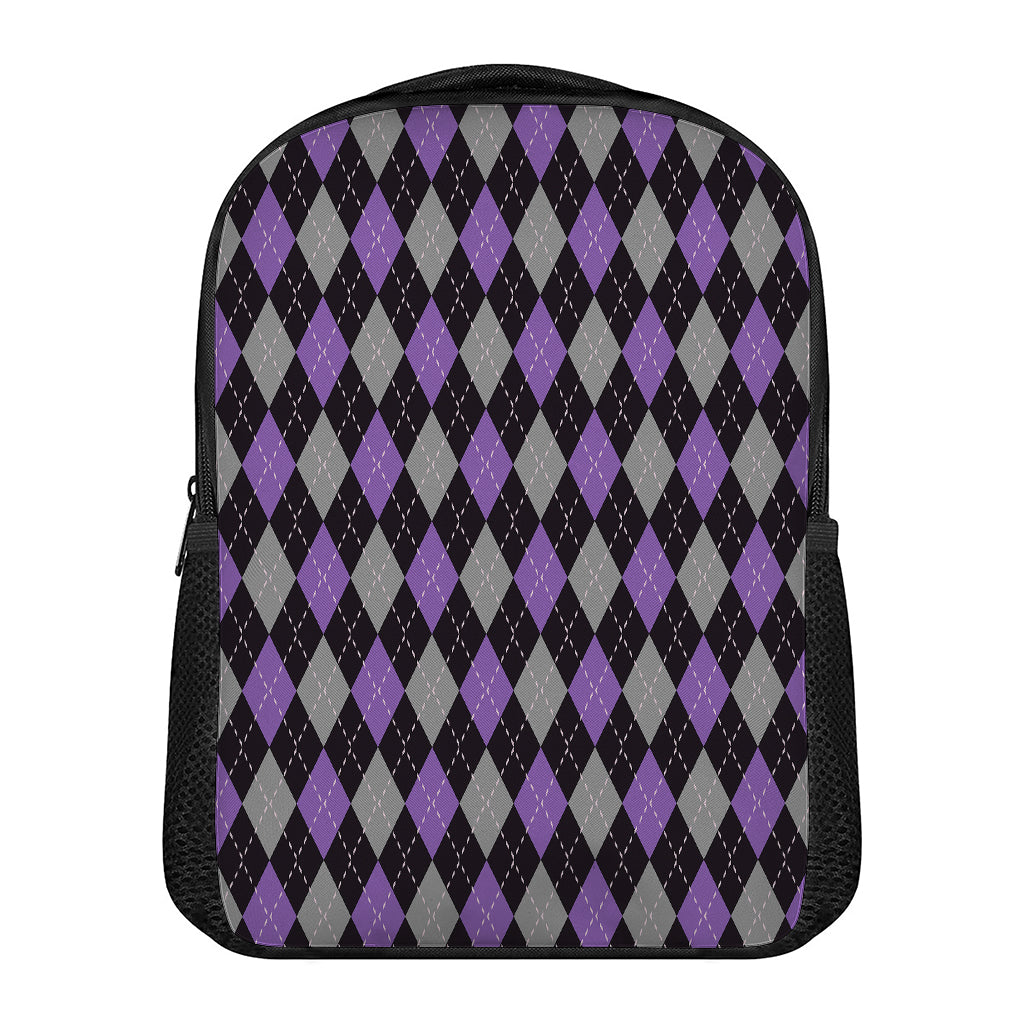 Black Grey And Purple Argyle Print Casual Backpack