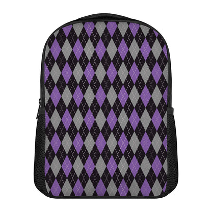 Black Grey And Purple Argyle Print Casual Backpack