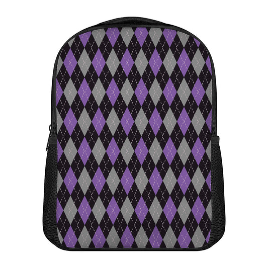 Black Grey And Purple Argyle Print Casual Backpack