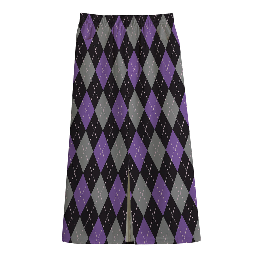 Black Grey And Purple Argyle Print Cotton Front Slit Maxi Skirt