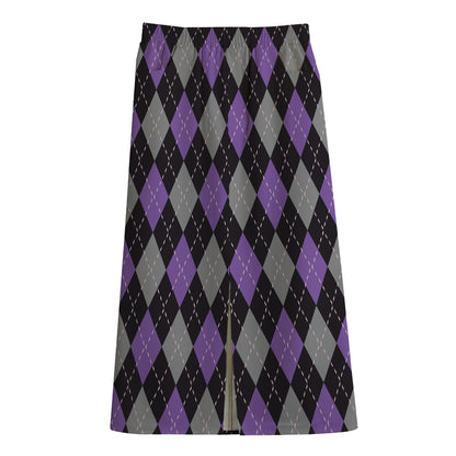 Black Grey And Purple Argyle Print Cotton Front Slit Maxi Skirt