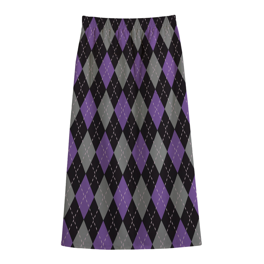Black Grey And Purple Argyle Print Cotton Front Slit Maxi Skirt
