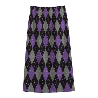Black Grey And Purple Argyle Print Cotton Front Slit Maxi Skirt