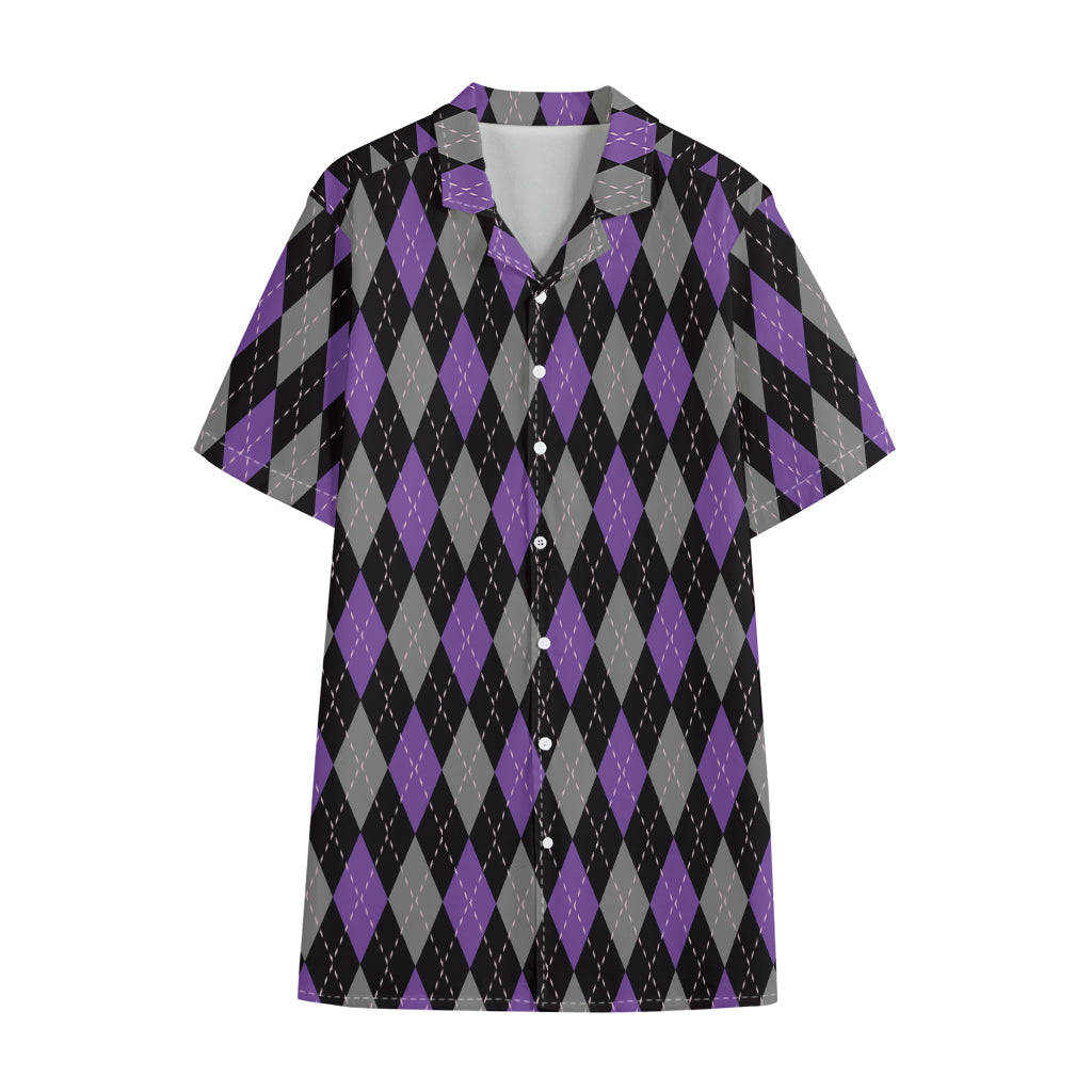 Black Grey And Purple Argyle Print Cotton Hawaiian Shirt