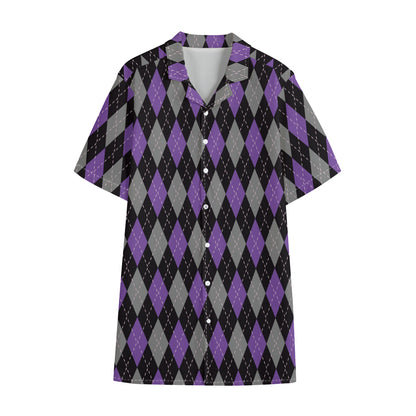 Black Grey And Purple Argyle Print Cotton Hawaiian Shirt