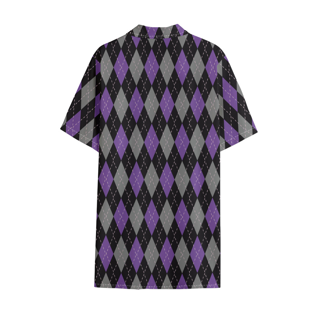 Black Grey And Purple Argyle Print Cotton Hawaiian Shirt