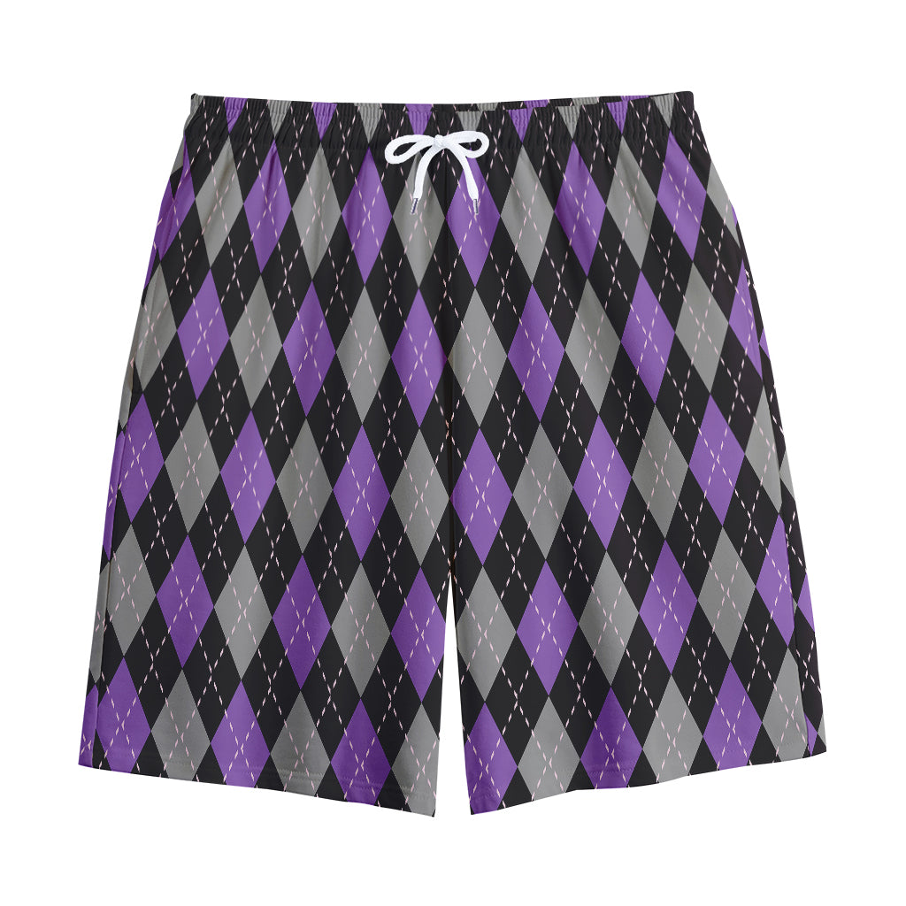 Black Grey And Purple Argyle Print Cotton Shorts