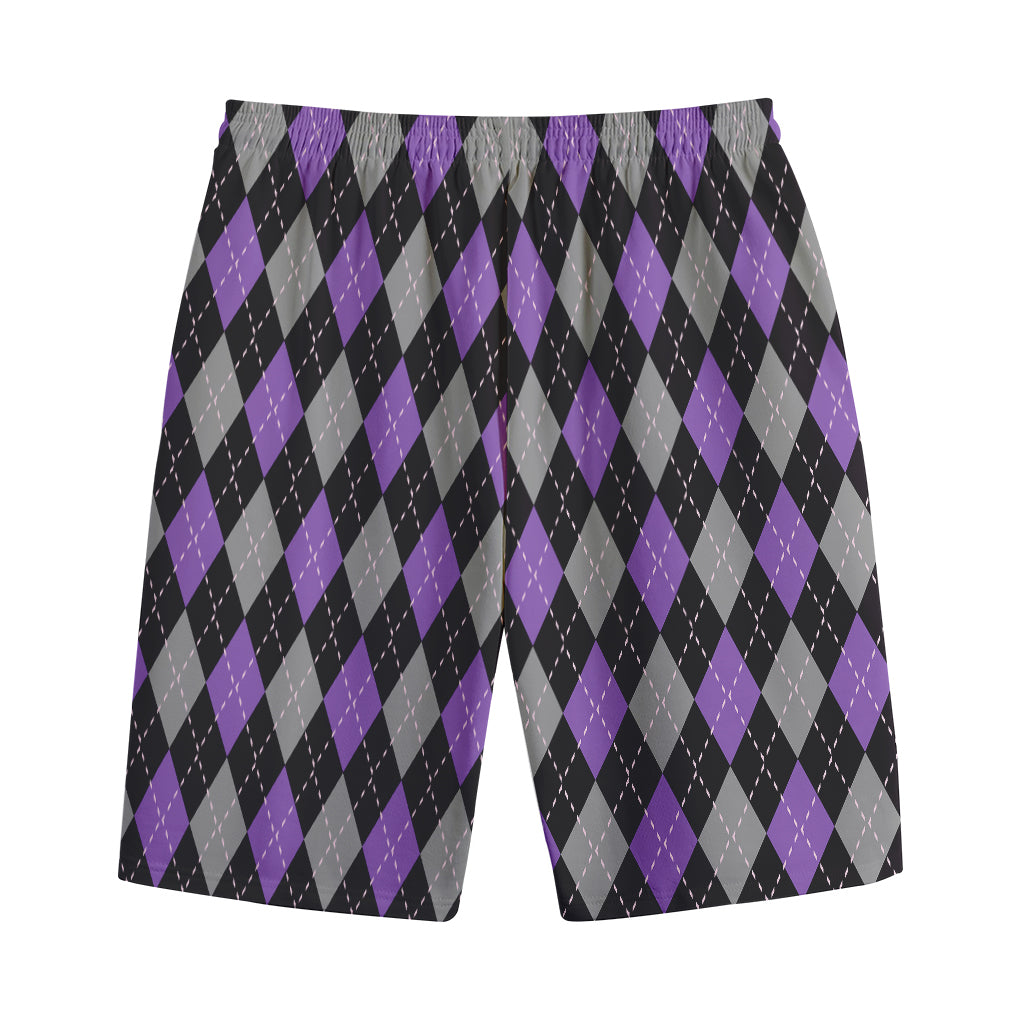 Black Grey And Purple Argyle Print Cotton Shorts