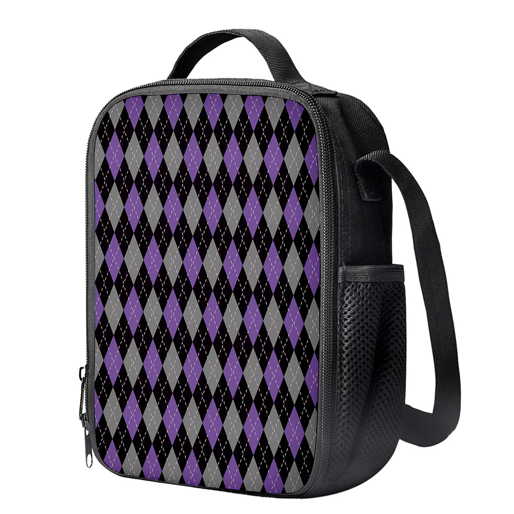 Black Grey And Purple Argyle Print Crossbody Lunch Bag