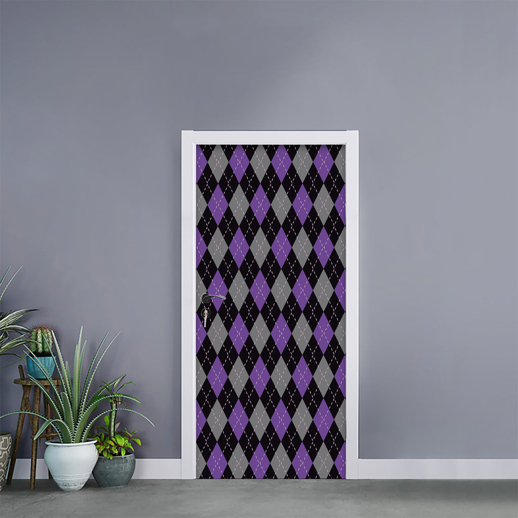 Black Grey And Purple Argyle Print Door Sticker