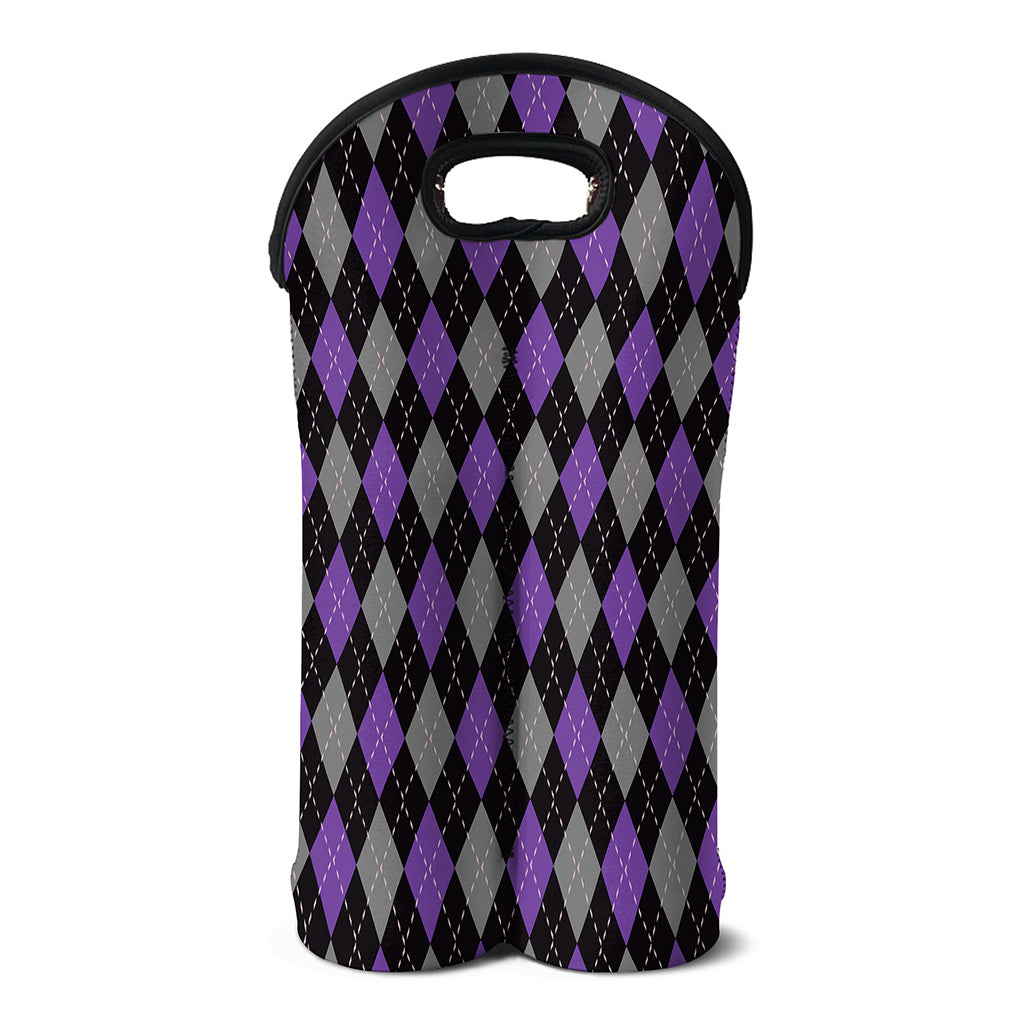 Black Grey And Purple Argyle Print Double Neoprene Wine Tote