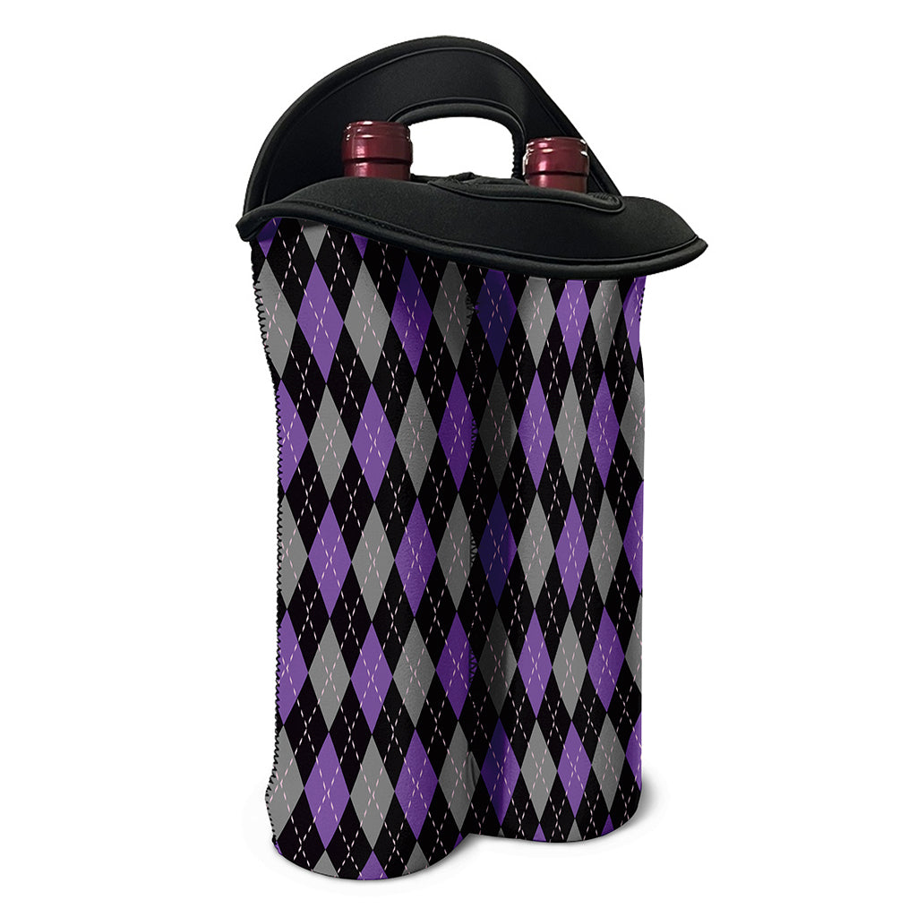 Black Grey And Purple Argyle Print Double Neoprene Wine Tote