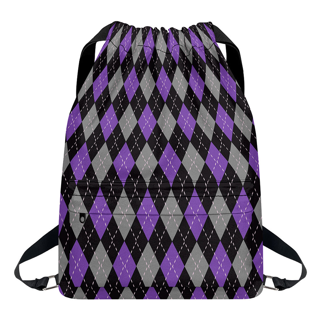 Black Grey And Purple Argyle Print Drawstring Backpack