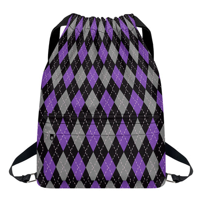 Black Grey And Purple Argyle Print Drawstring Backpack